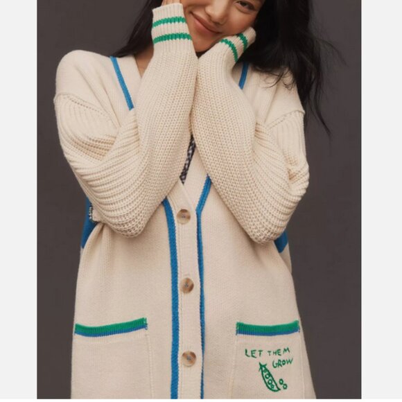 Anthropologie Maeve Cotton Blend Veggie Motif Cardigan Sweater Graphic S NWT - Picture 4 of 8